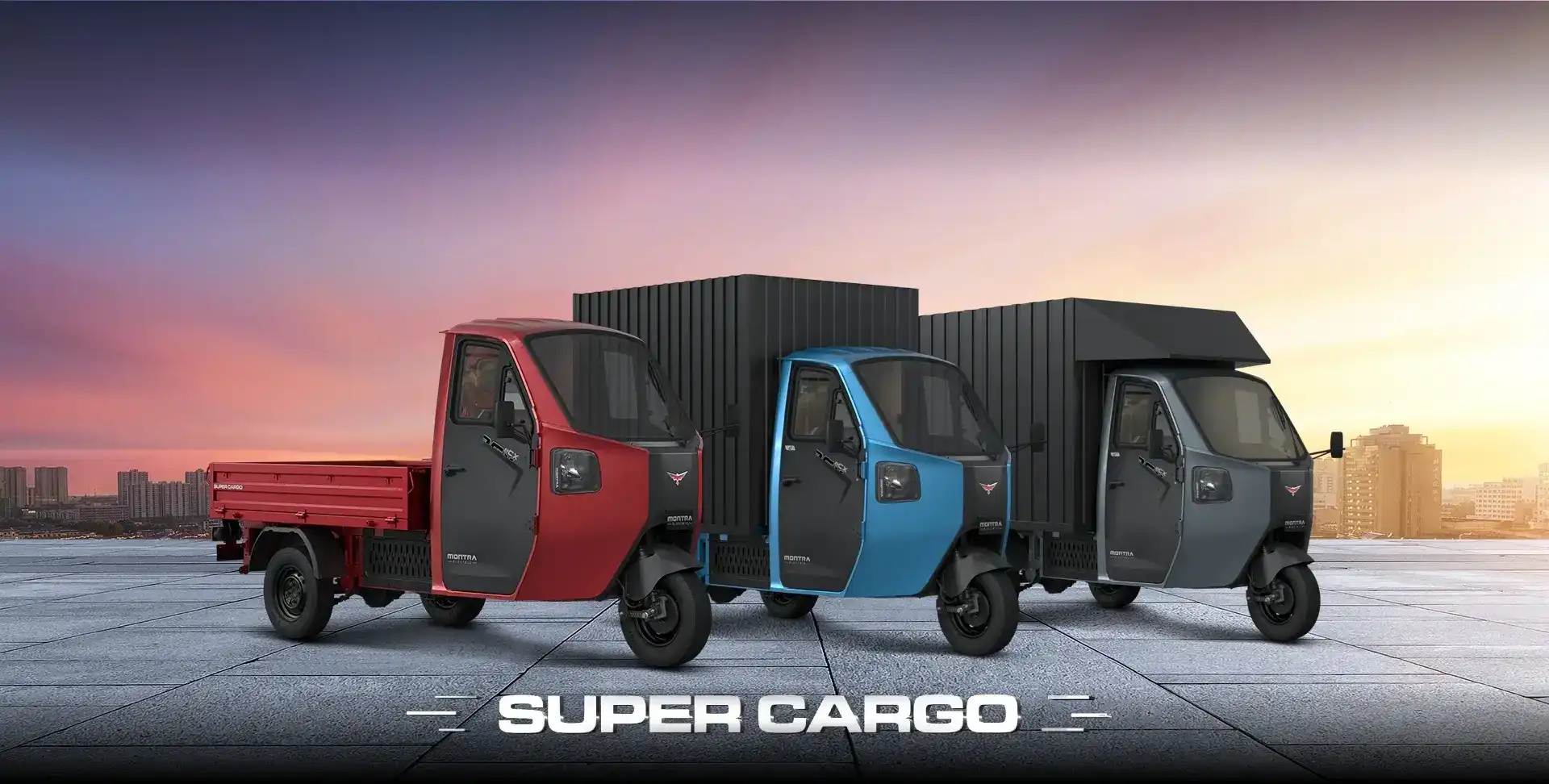 Banner range artwork promoting Montra Electric's Super Cargo vehicle.