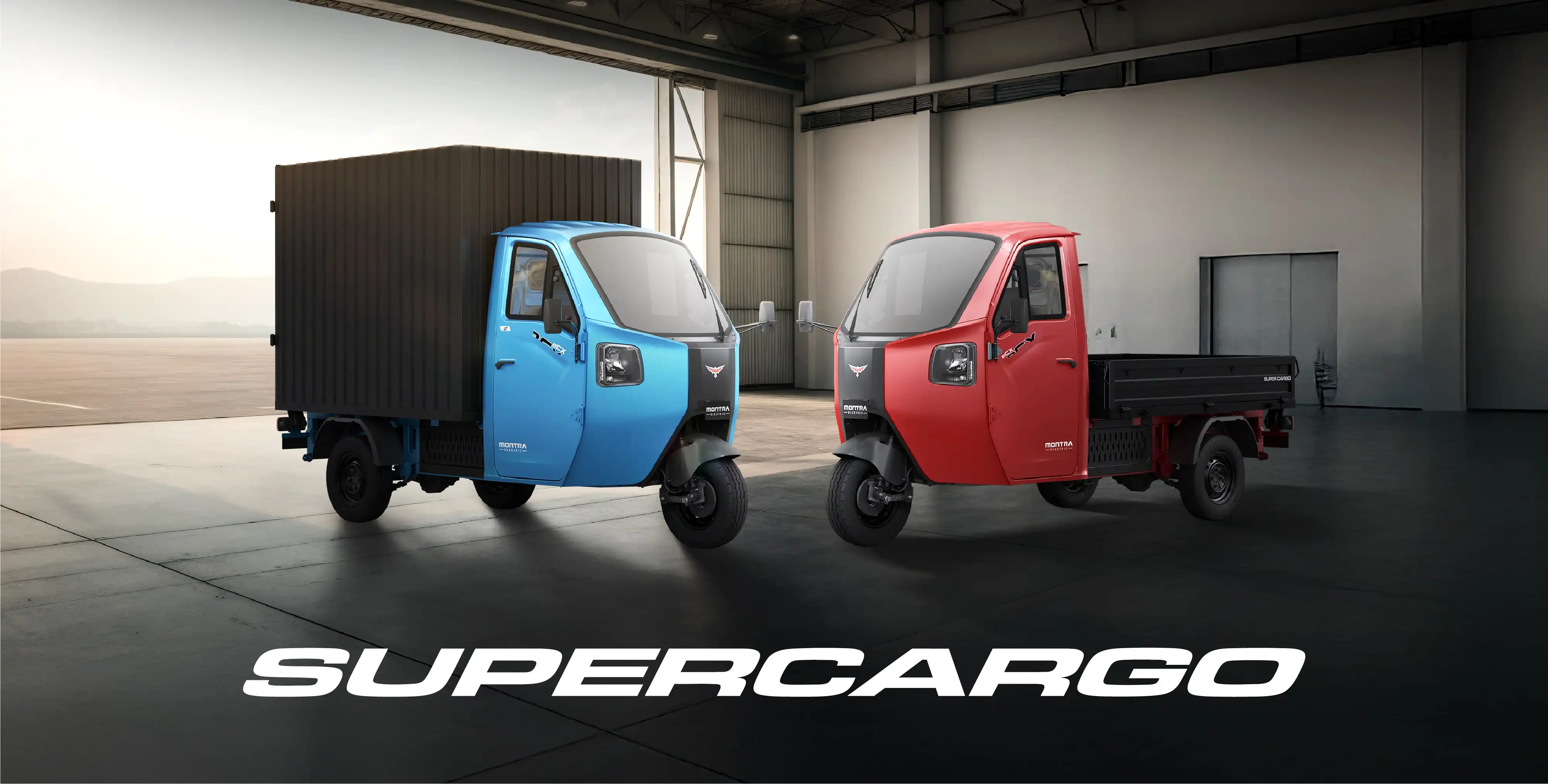 Banner range artwork promoting Montra Electric's Super Cargo vehicle.